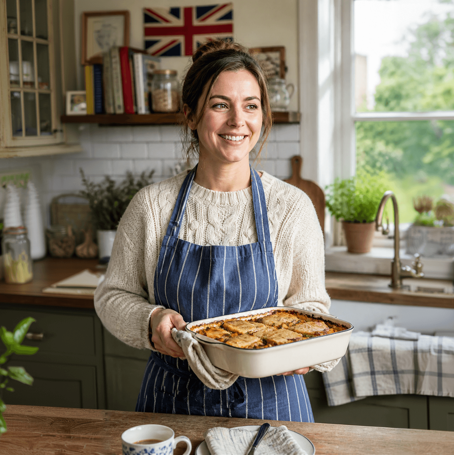 A cook holding a freshly baked dish