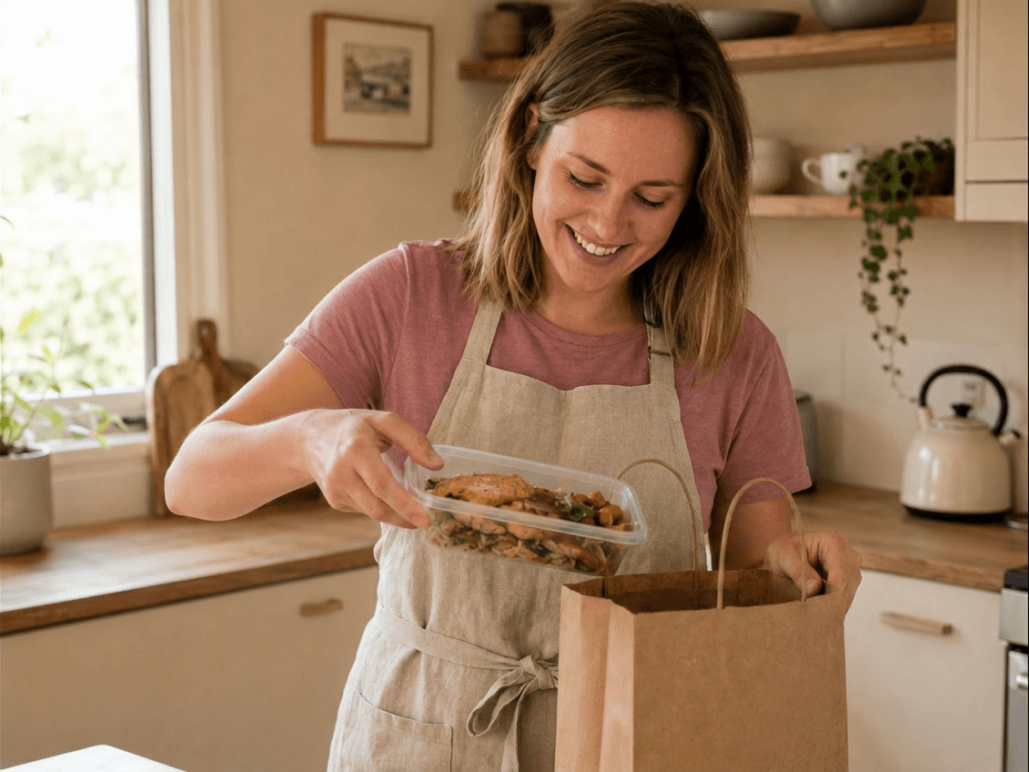 A cook packing a home-cooked meal
