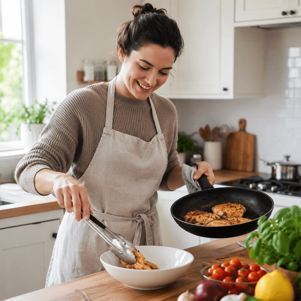 A cook preparing food at a stovetop