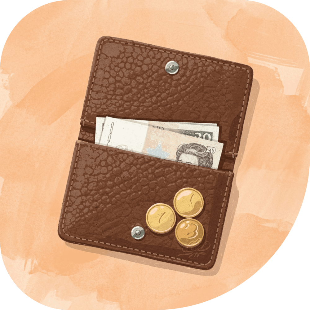 Wallet with cash and coins