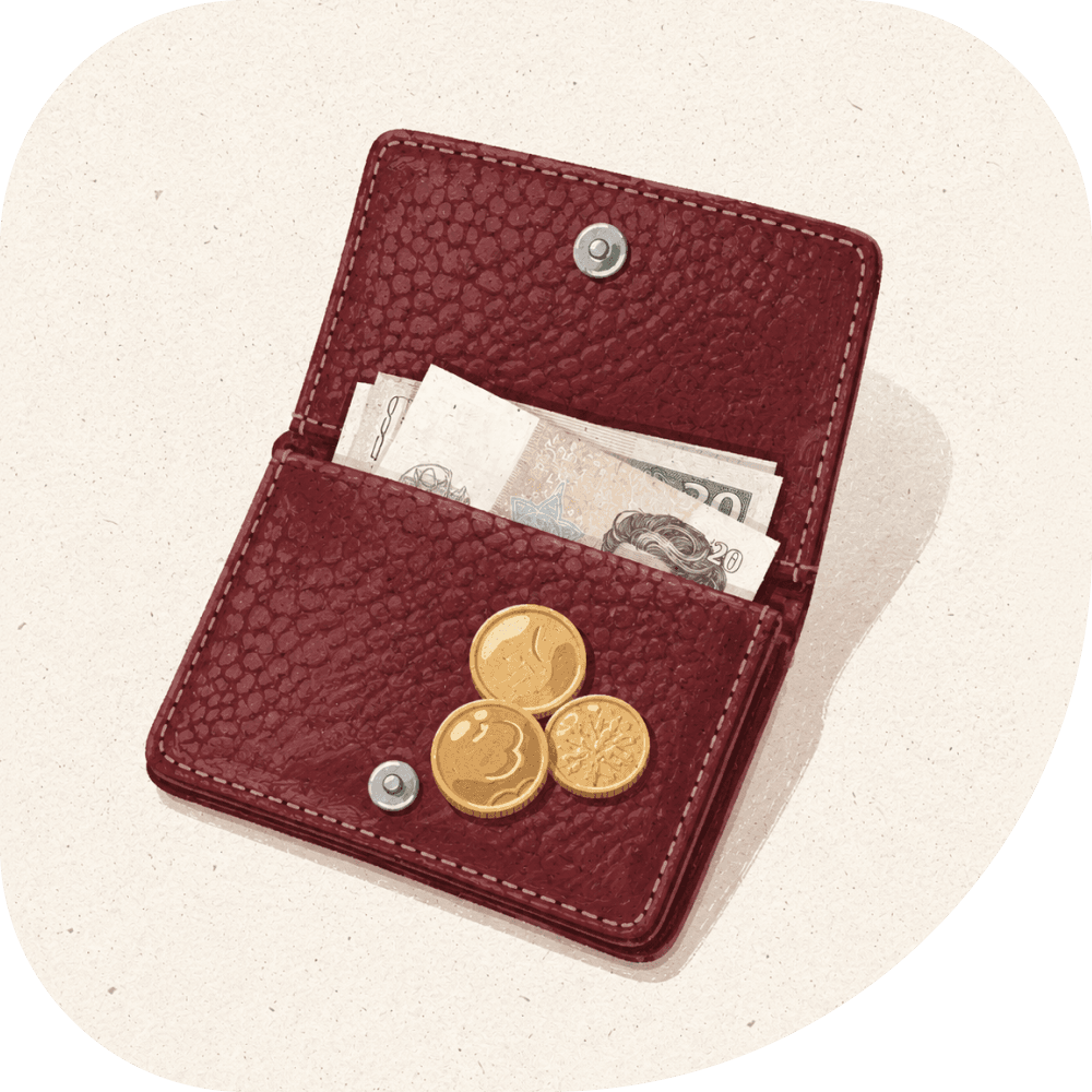 A wallet holding coins and notes