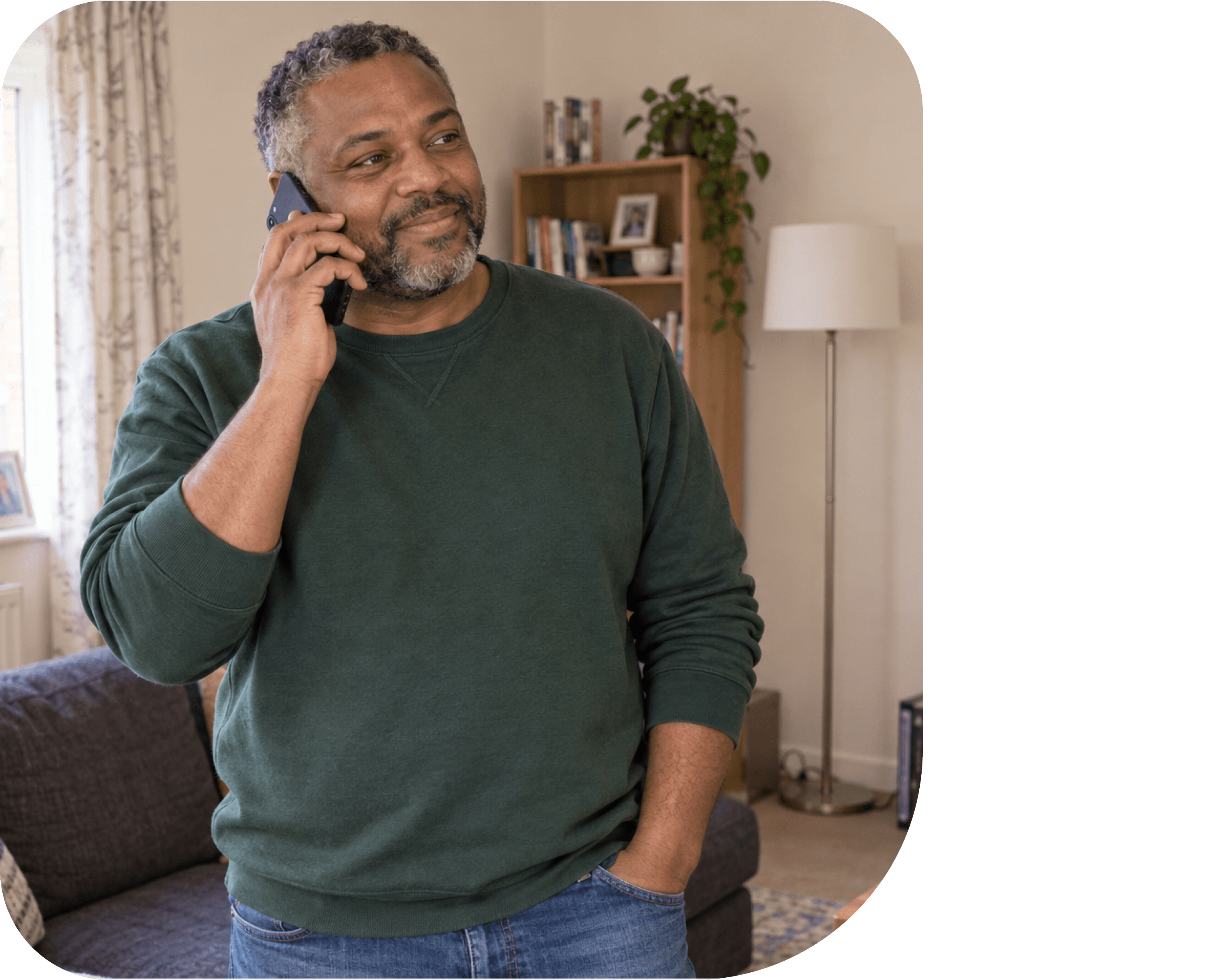 A cook on a call, with a card showing customer reviews