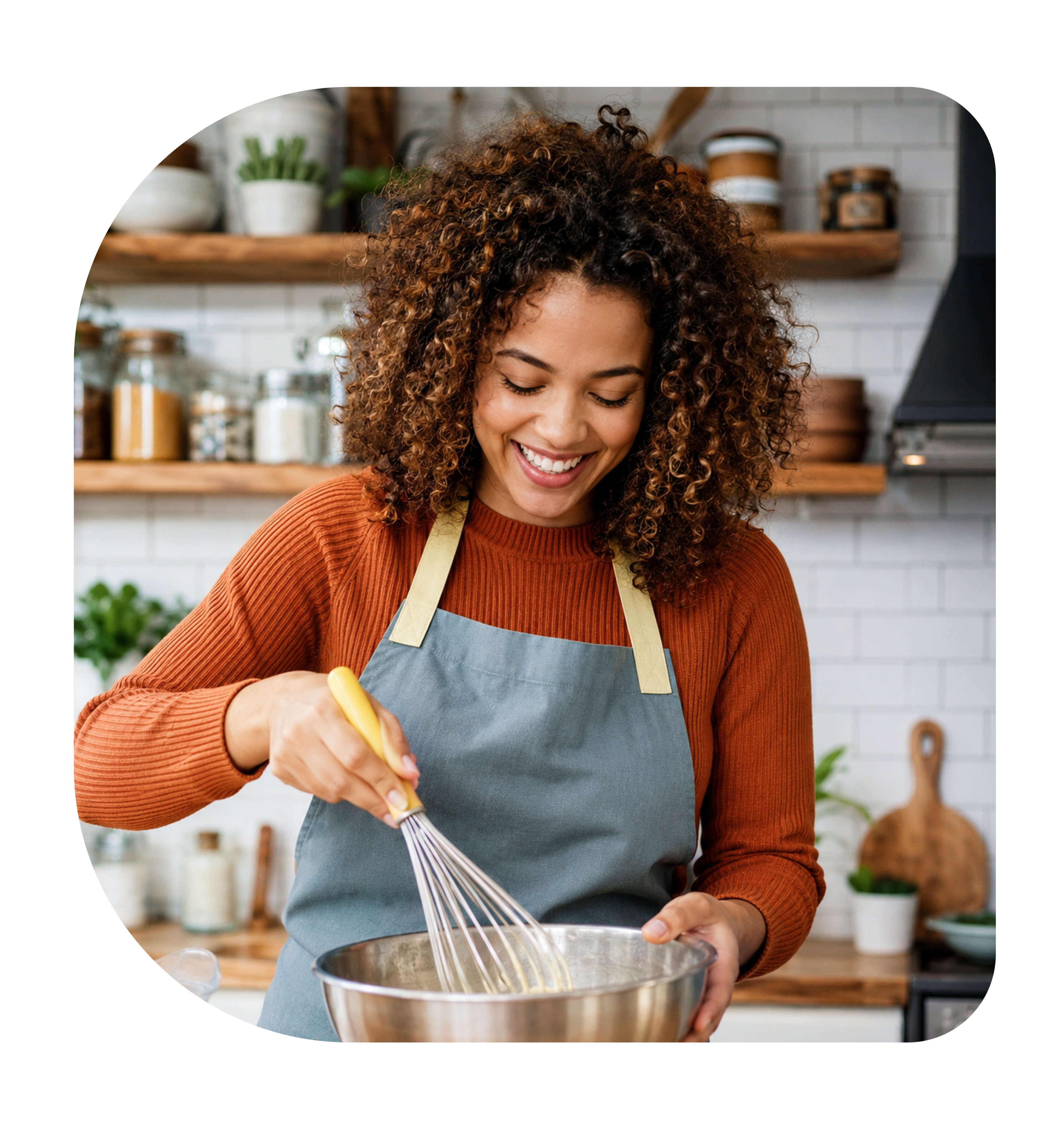A home cook smiling while cooking, with cards showing a customer rating and total earnings