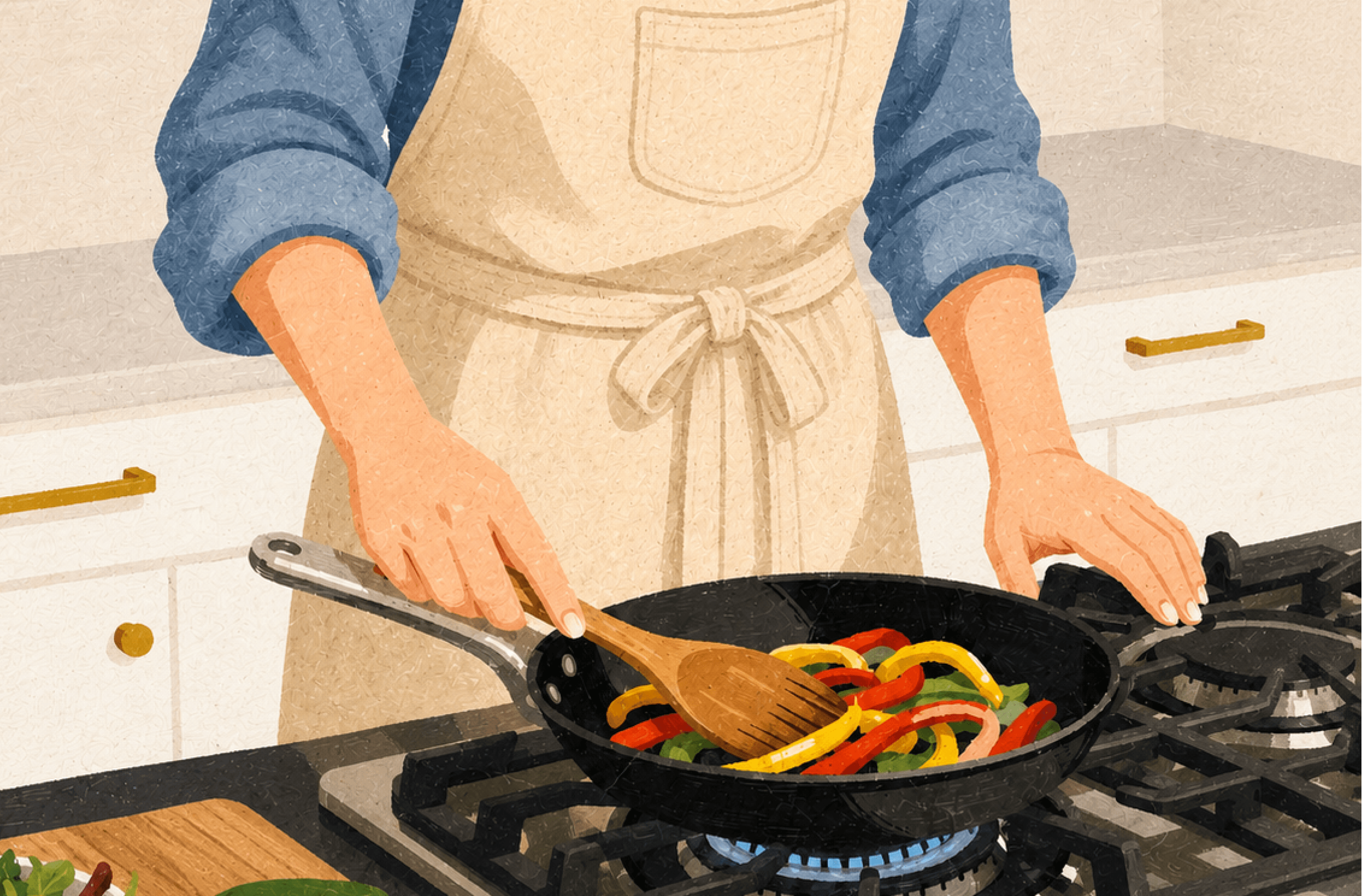 Two cooks preparing food together in a home kitchen