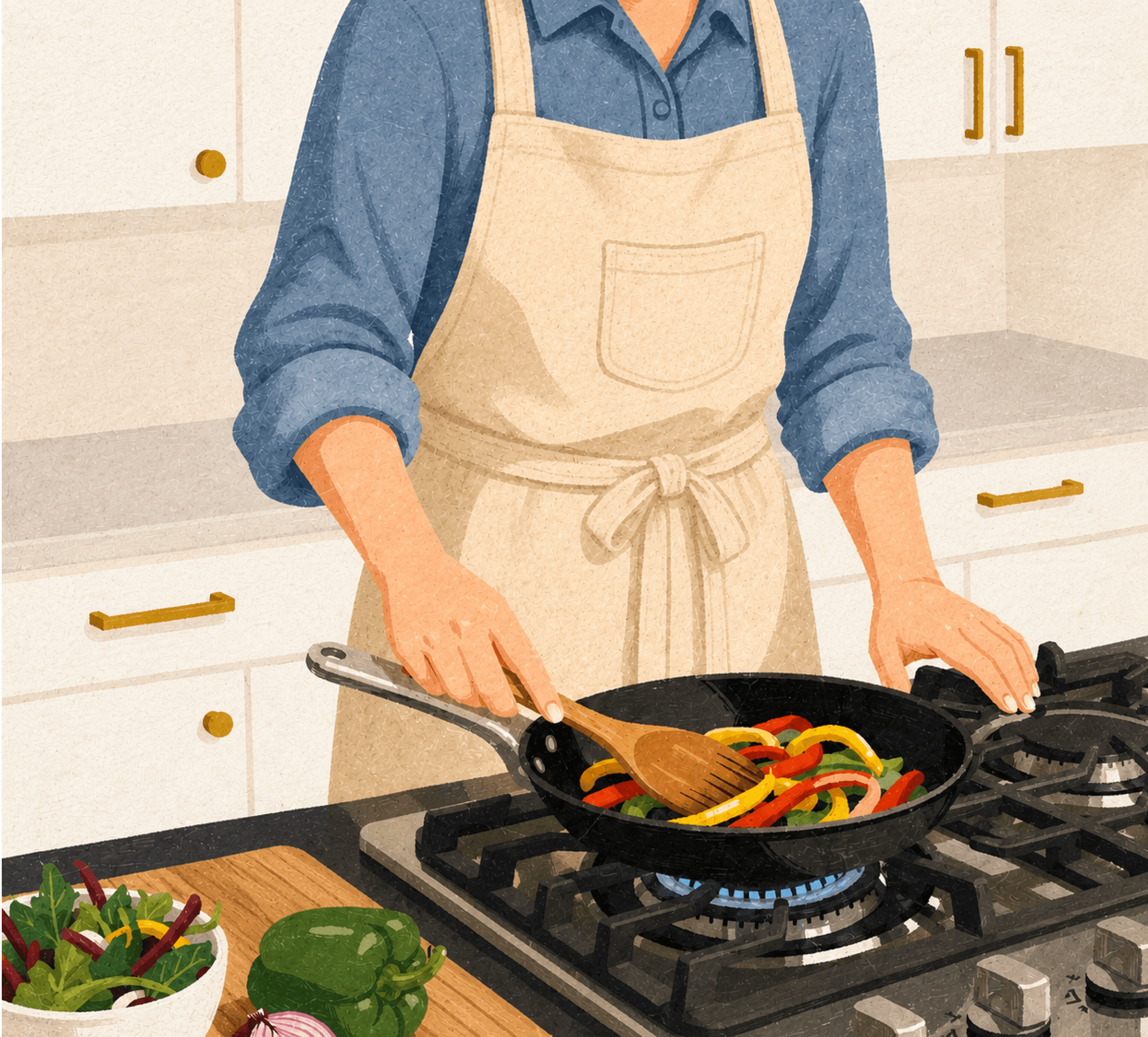 Two cooks preparing food together in a home kitchen