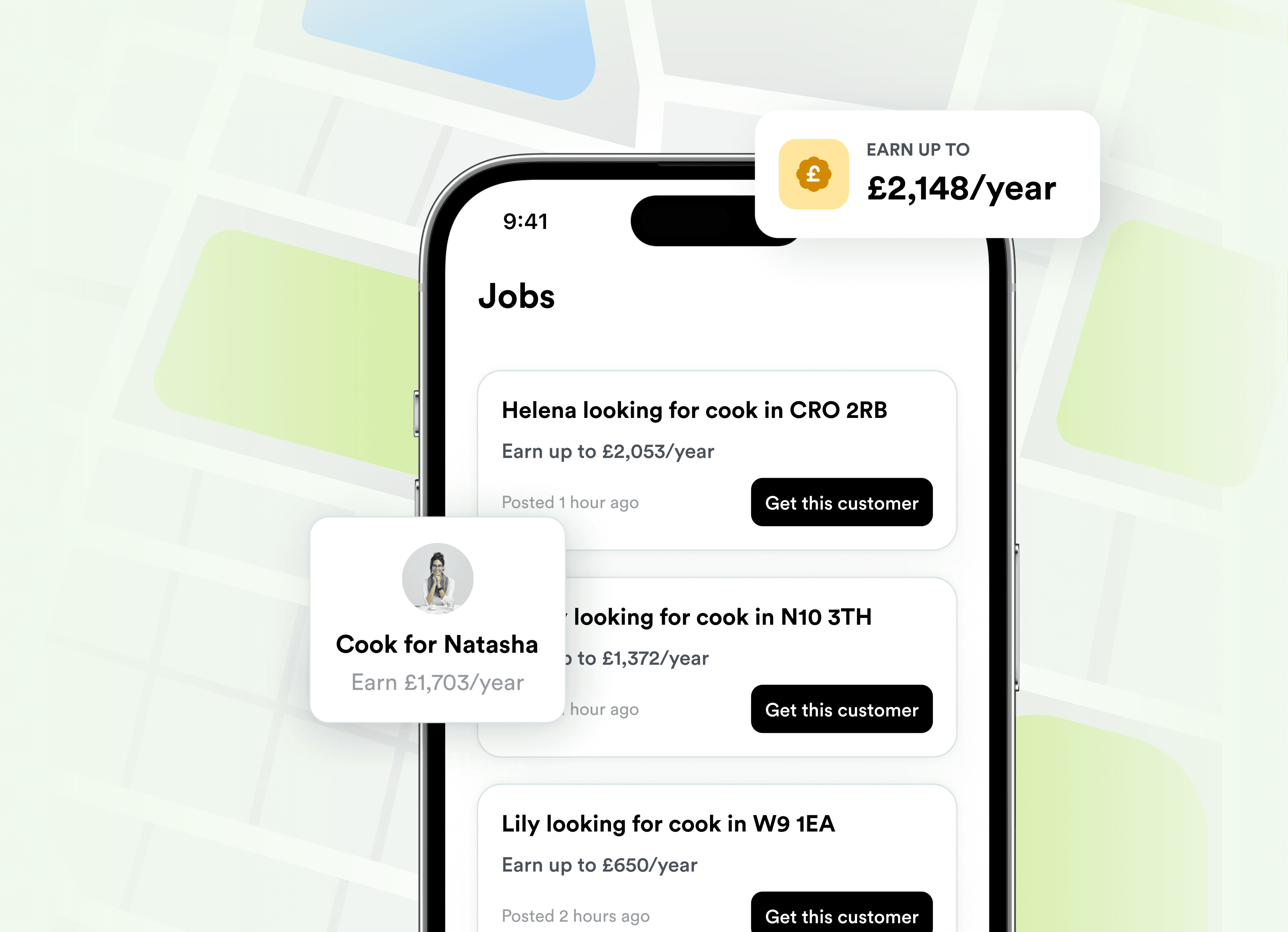 A phone showing nearby home cooking jobs on the Cheffo app