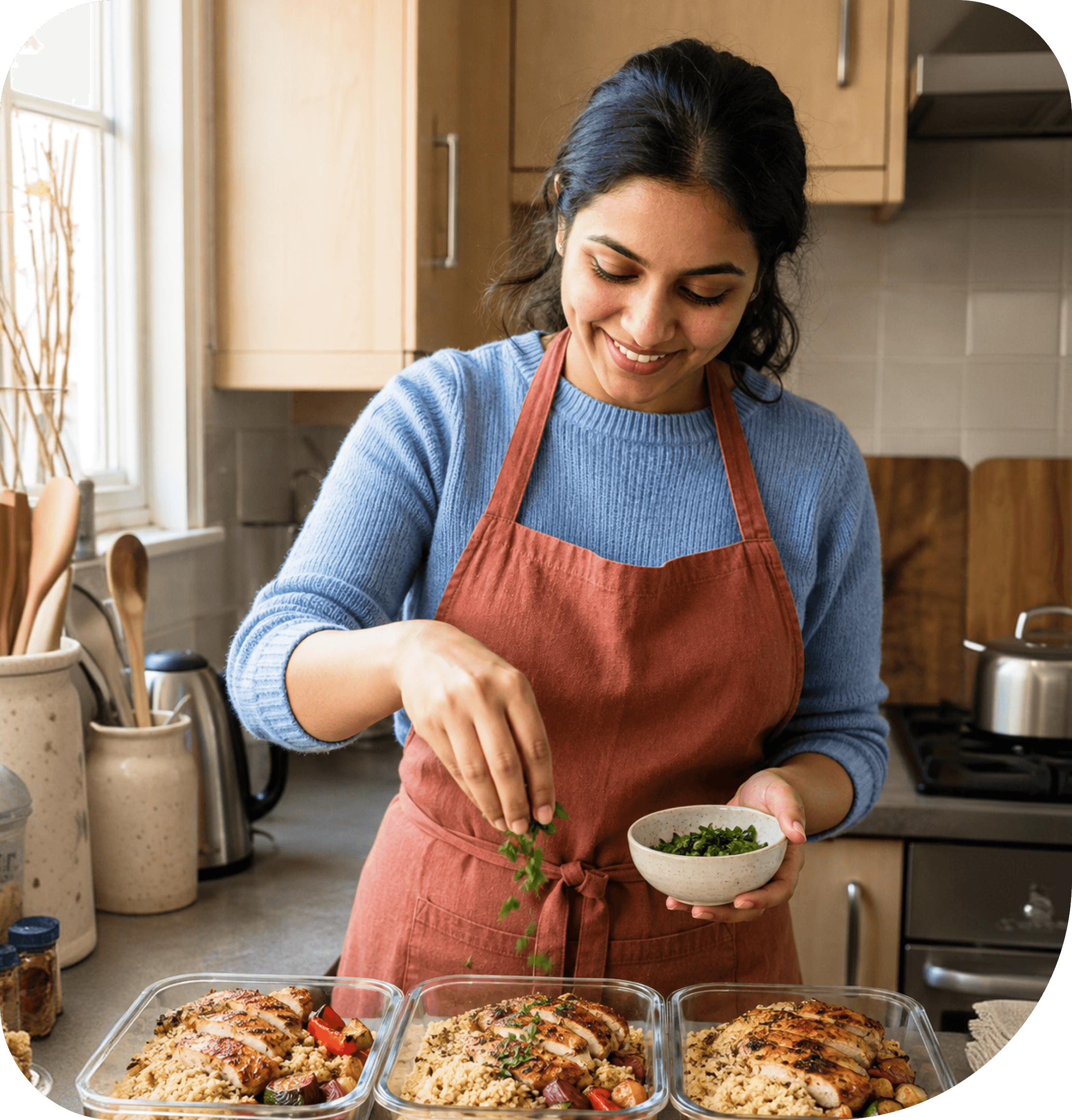 A cook plating food in a home kitchen
