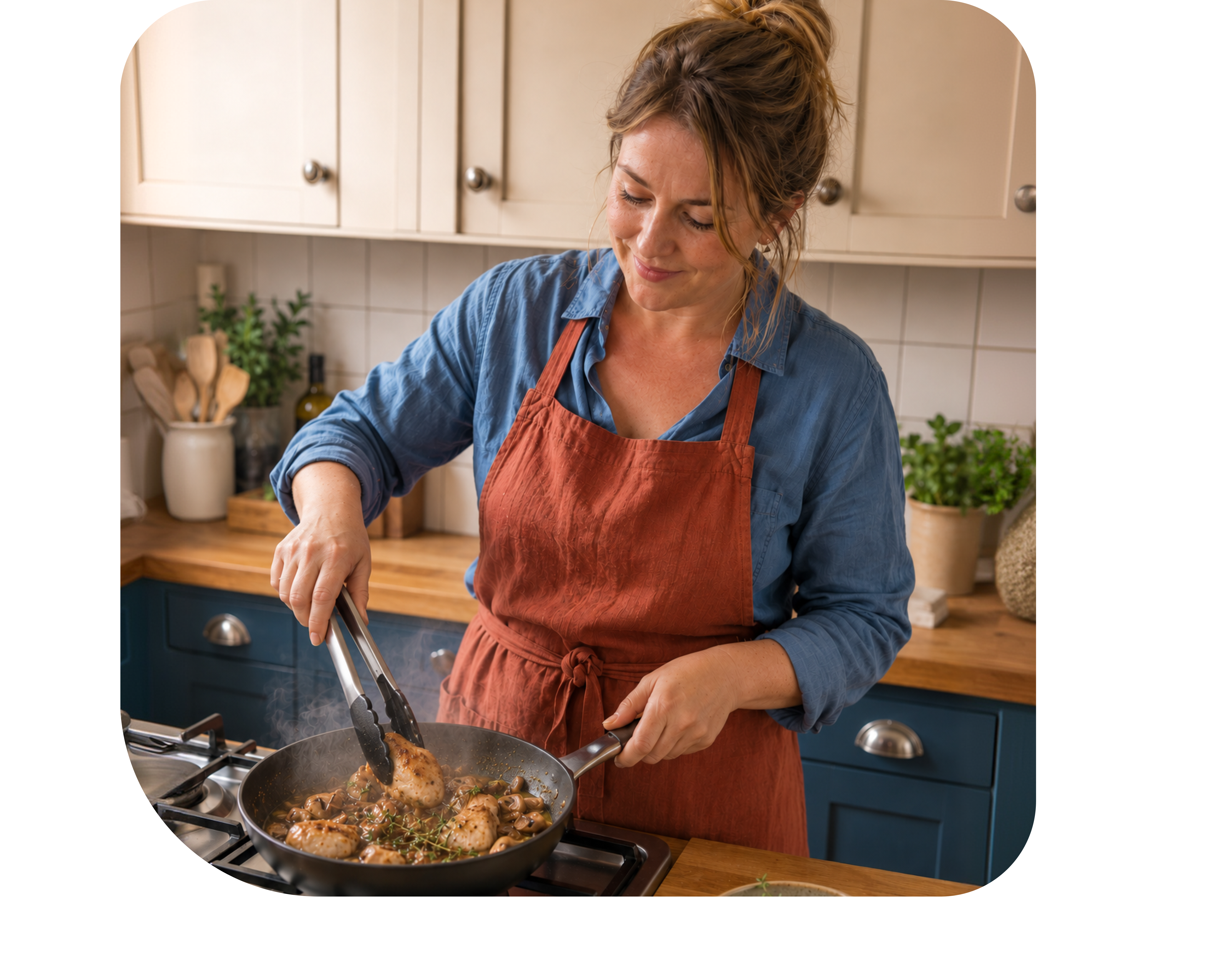 A cook preparing a meal, with cards showing a meal request and weekly price