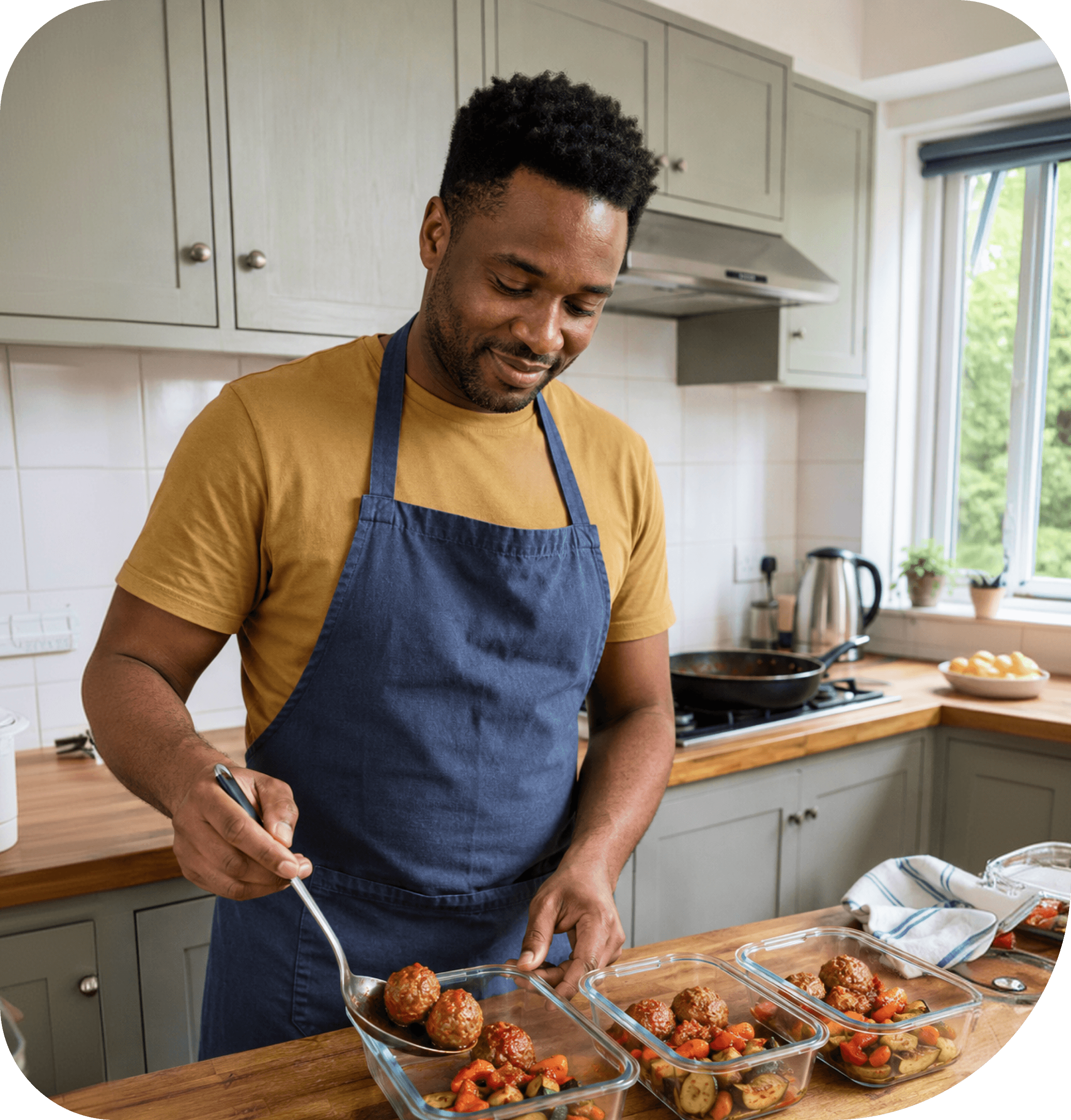 A cook plating food in a home kitchen