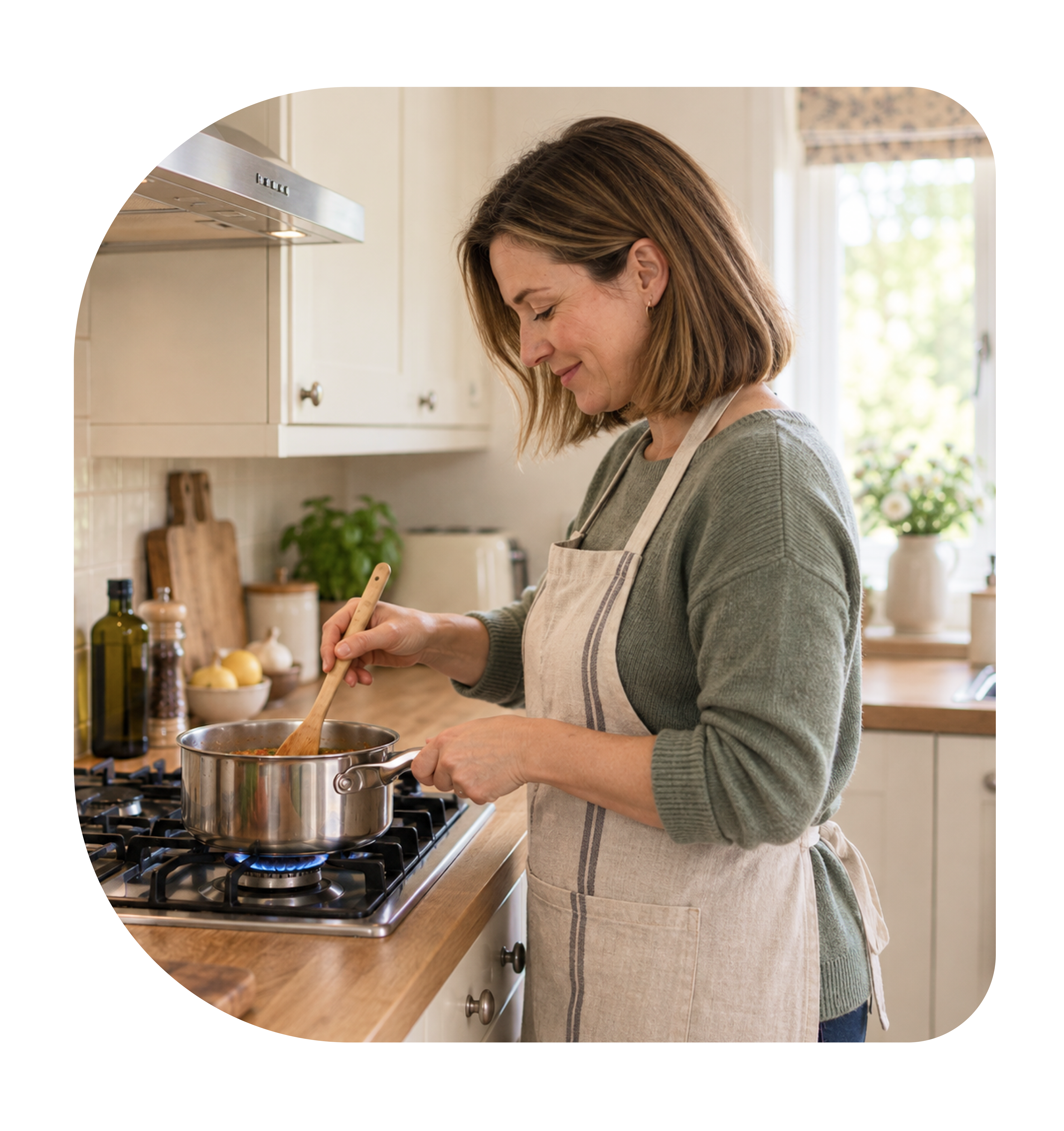 A home cook smiling while cooking, with cards showing a customer request and total earnings