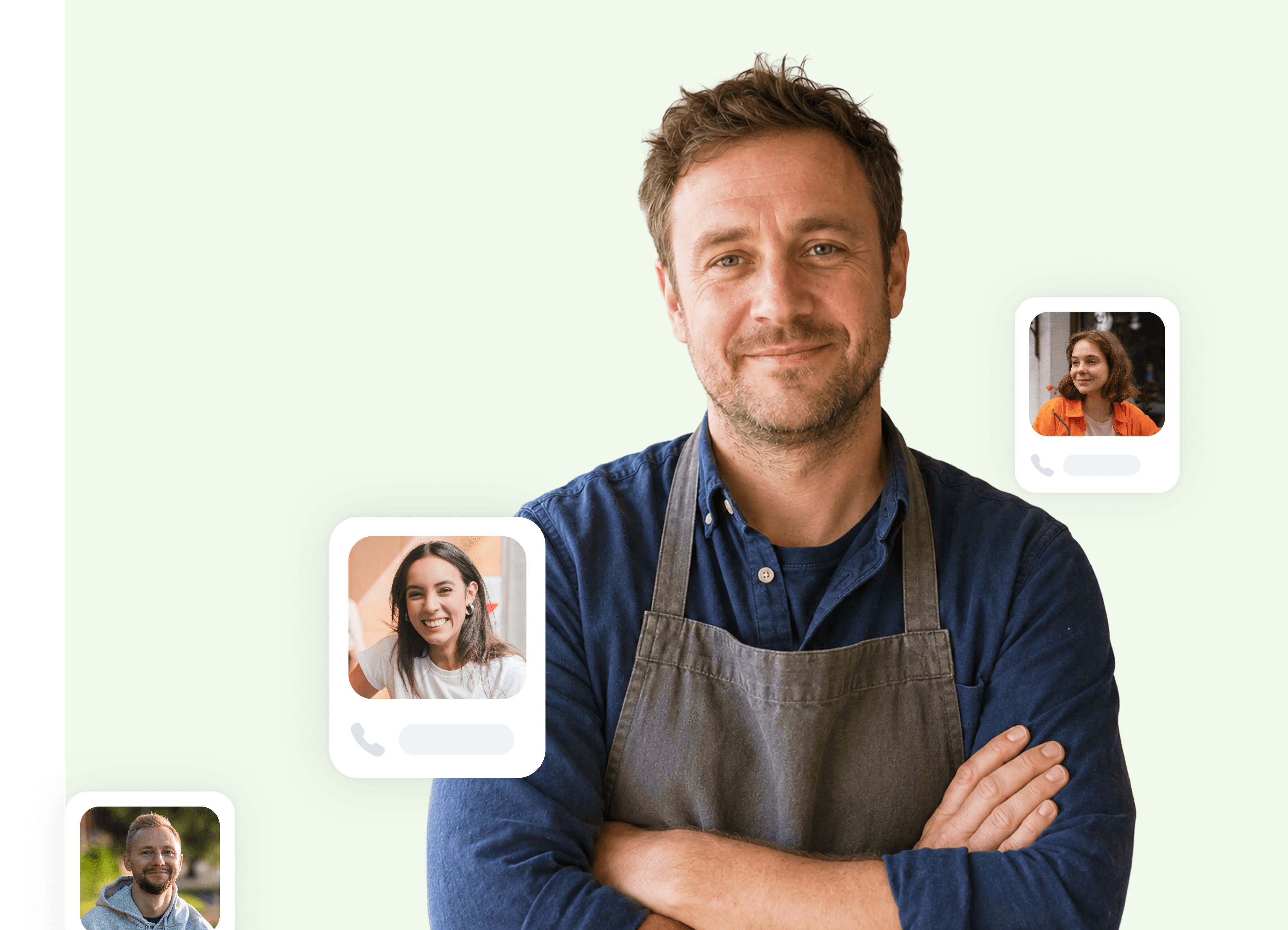 A smiling cook with cards showing nearby customer requests