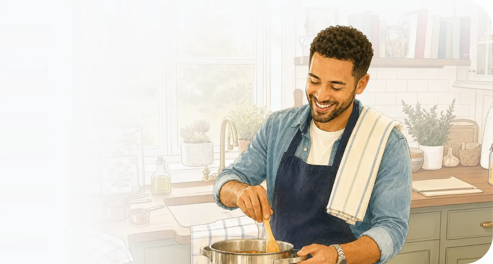 A cook stirring a pot in a home kitchen