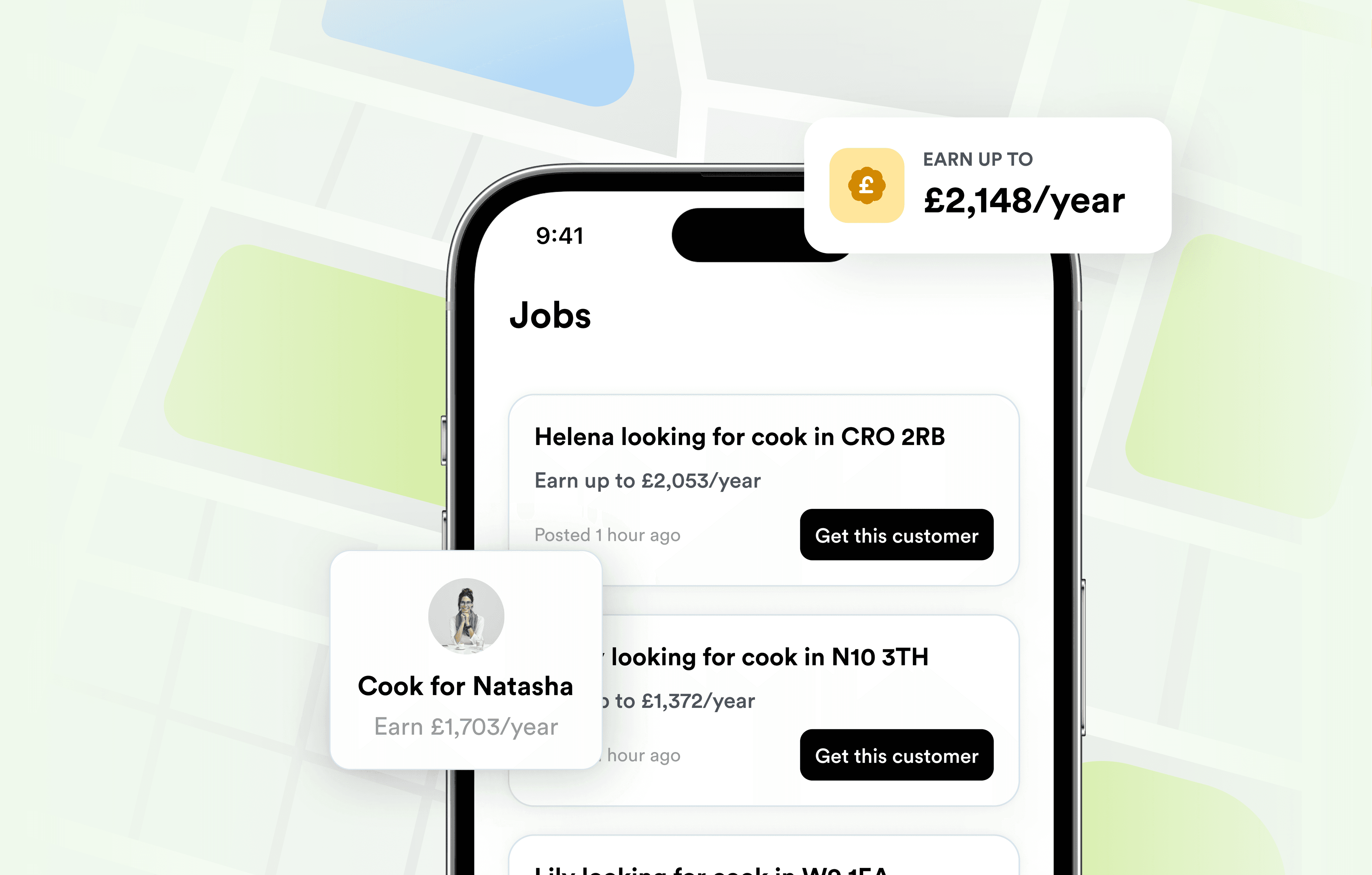 A phone showing nearby home cooking jobs on the Cheffo app