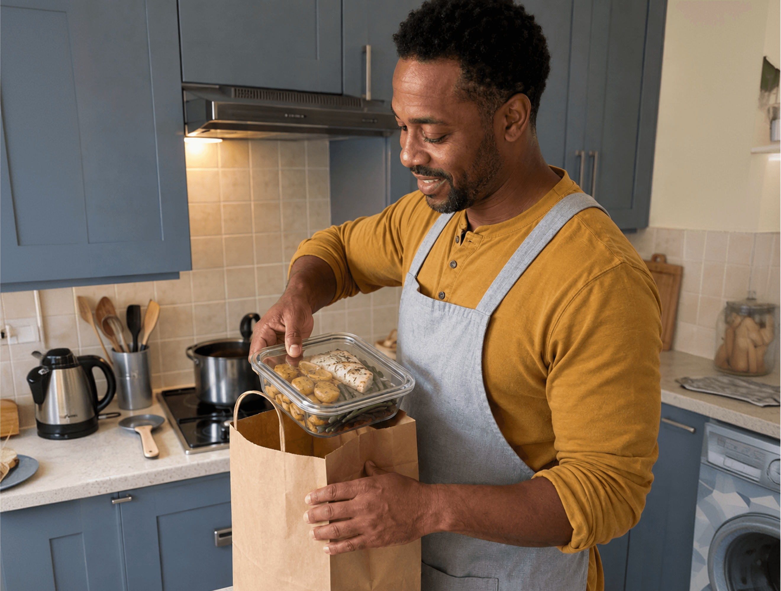 A home cook smiling while preparing food