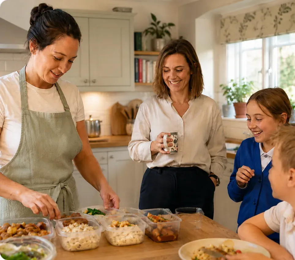 A personal cook preparing meals with a customer's family nearby