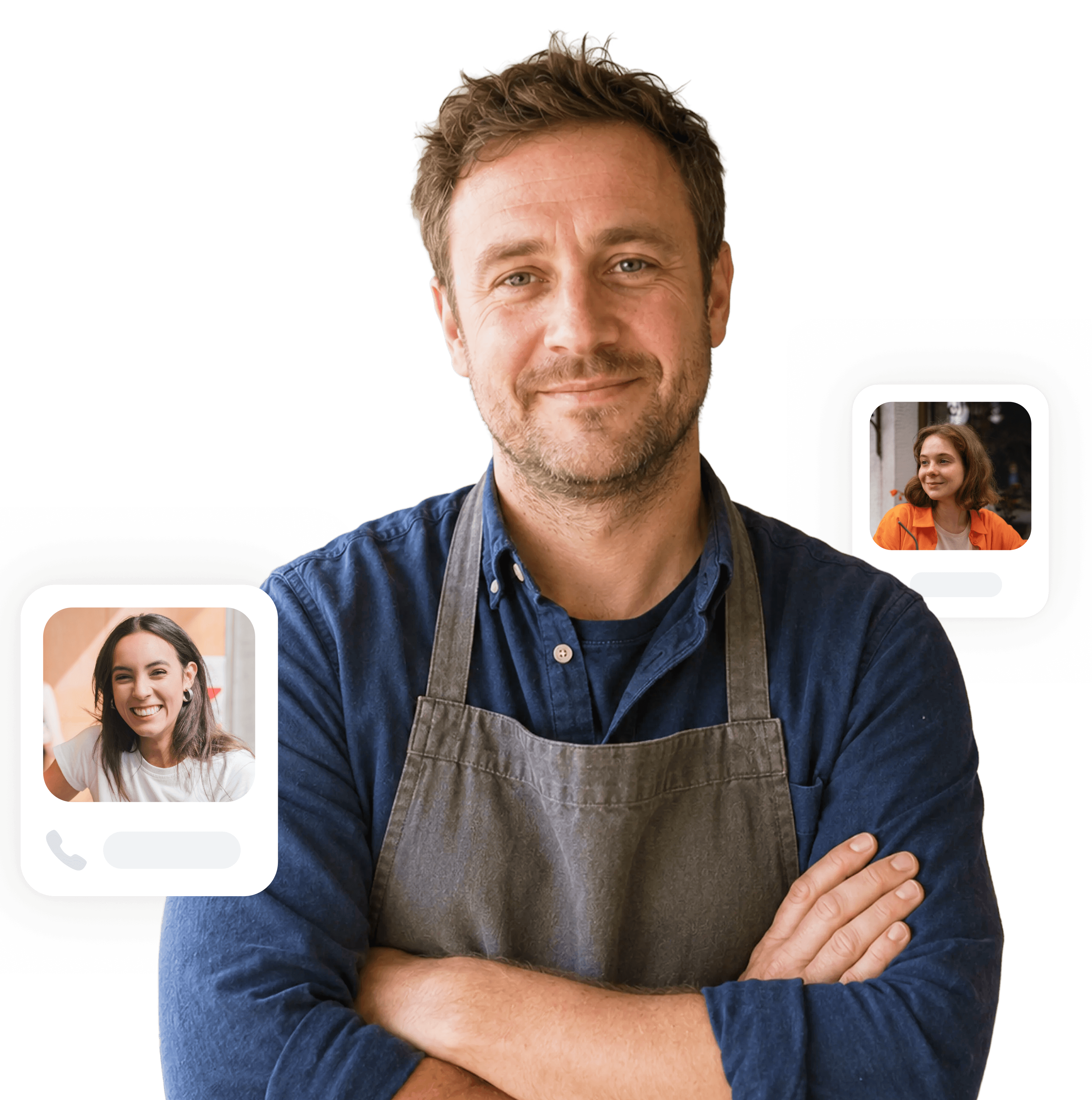 A smiling cook with cards showing nearby customer requests